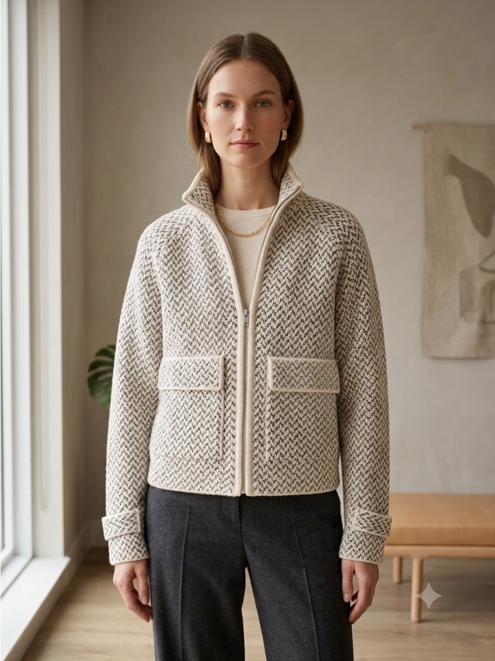 YAYA Women Cream Geometric Pattern Zip-Up Sweater Jacket - Medium